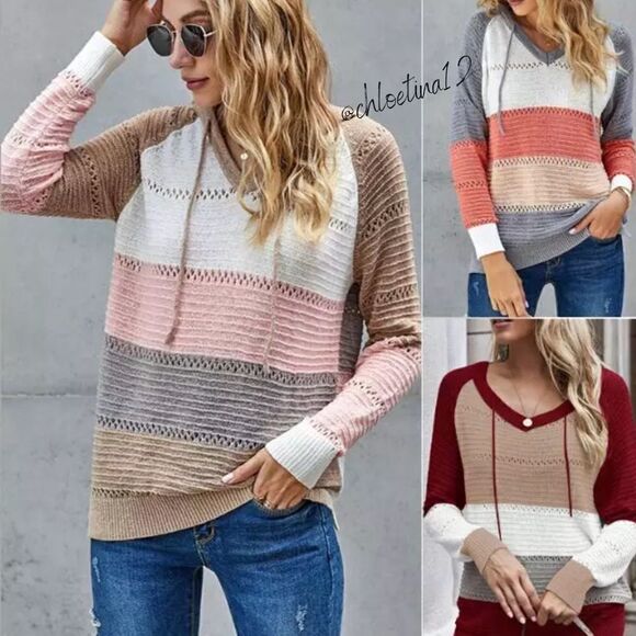 Color Block Knit Pullover Hoodie - blush mix - Picture 2 of 12